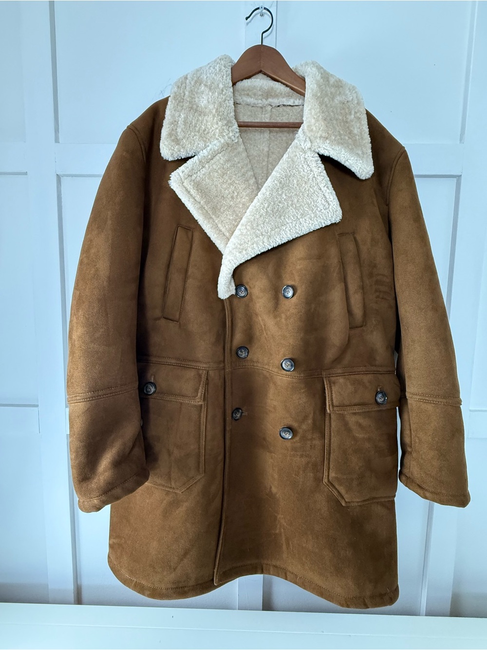 ZARA Men's Brown Faux Shearling Double-Breasted Coat | Oversized Aviator
